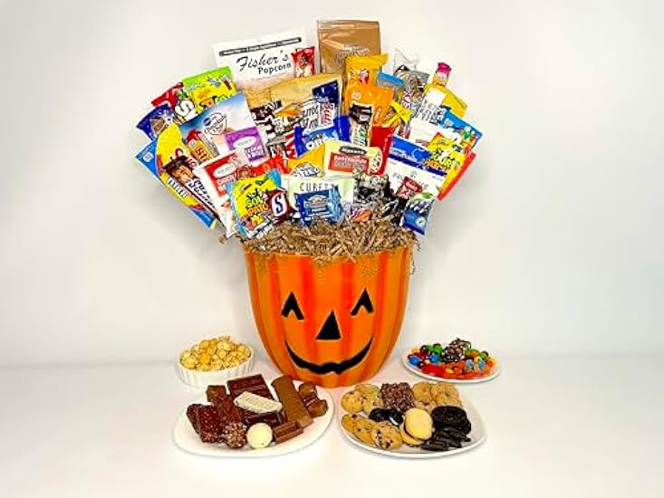 Halloween Pumpkin Gift Basket with Premium Halloween Candy, Chocolates, and Snacks. Hand-Crafted Halloween Pumpkin Candy Gift Basket for Kids, Families, and Clients! (42 Piece) 234786900