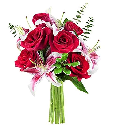 KaBloom DELIVERY by Tue, 02/20 Guaranteed IF Order Placed by 02/19 Before 2PM EST Valentine´s Prime Next Day DELIVERY - Bouquet of 6 Red Roses and 3 Pink Stargazer Lilies with Lush Greens 90829025