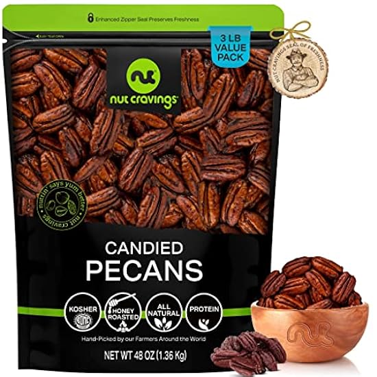 Nut Cravings - Candied Pecans Honey Glazed Praline, No Shell (48oz - 3 LB) Bulk Nuts Packed Fresh in Resealable Bag - Healthy Protein Food Snack, All Natural, Keto Friendly, Vegan, Kosher 244811913