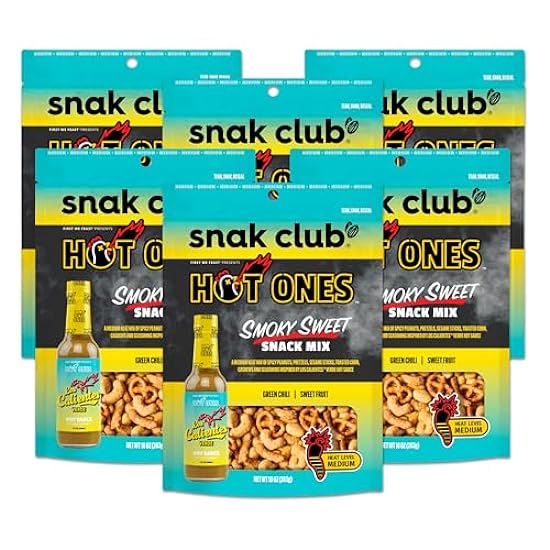 Snak Club x Hot Ones Smoky Sweet Snack Mix, Spicy Snack with Peanuts, Pretzels, Sesame Sticks, Toasted Corn & Cashews, Inspired by Hot Ones Hot Sauce, 10 oz Resealable Bag (6 Count) 756342002
